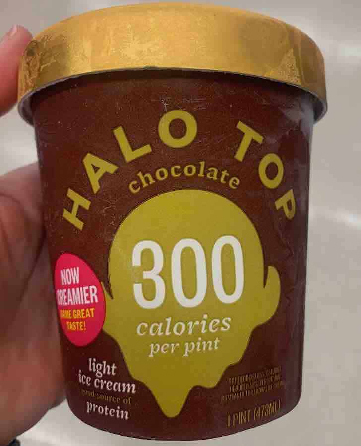 Carton of Halo Top Chocolate Light Ice Cream, "300 calories per pint"