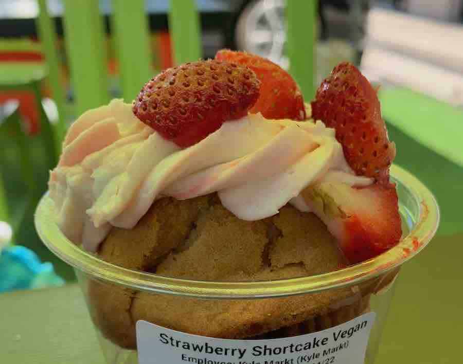 gluten-free strawberry shortcake in a cup (label on the bottom read "strawberry shortcake vegan)