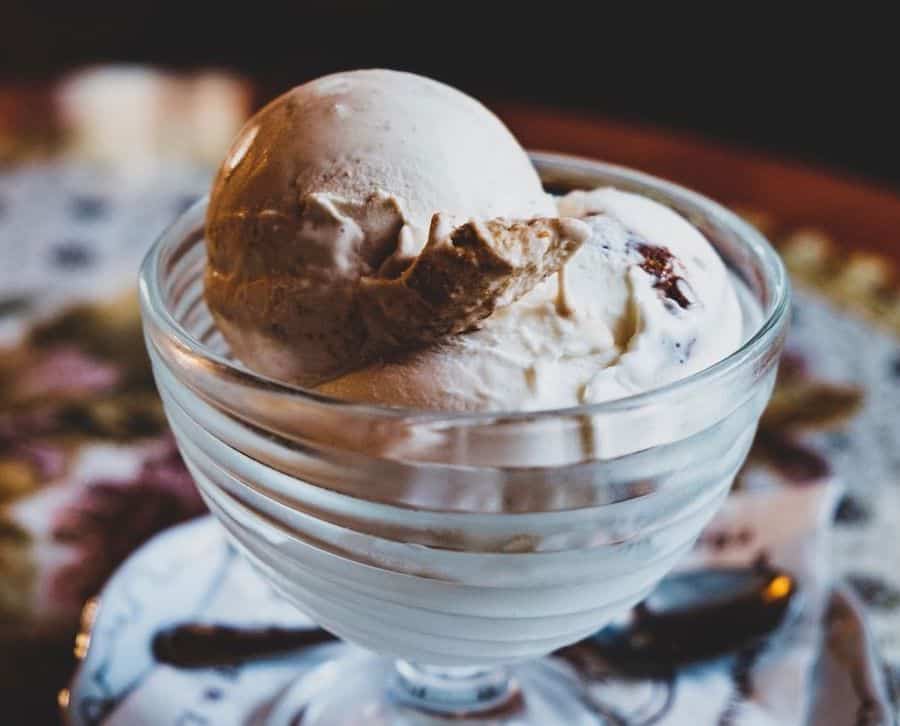 chocolate ice cream in a glass ice cream dish