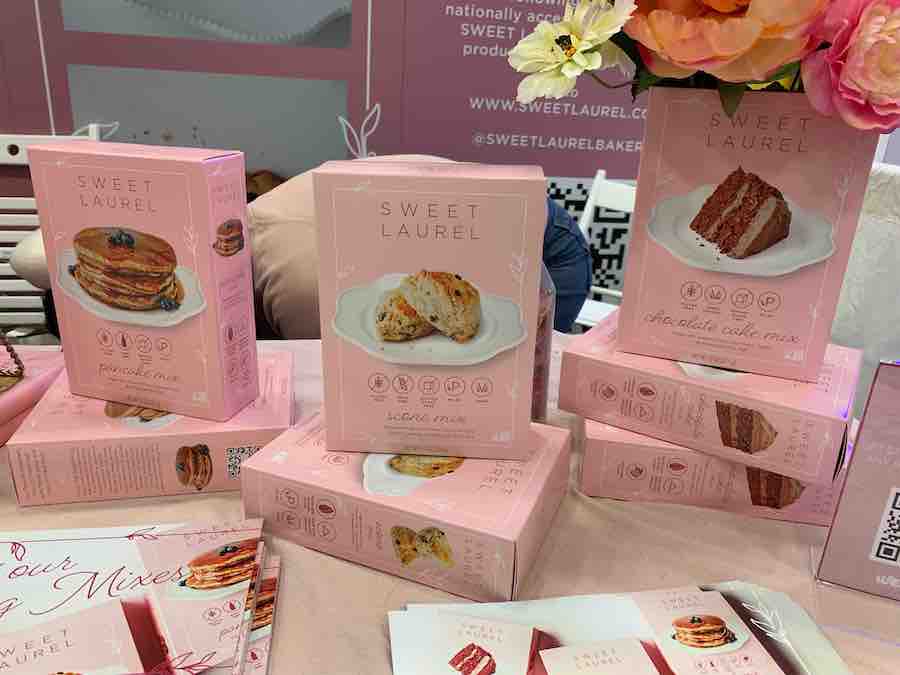 3 pink boxed mixes by Sweet Laurel: pancakes, scones, chocolate cakes