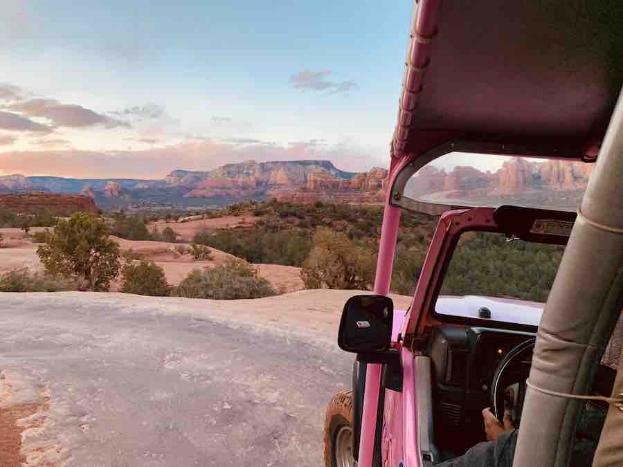 view of Sedona red rocks from inside the pink jeep