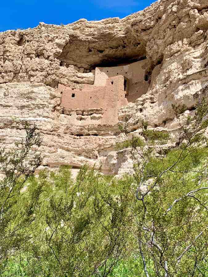 green brush in the foreground. In the background, a Native American cliff dwelling built into the side of the rock
