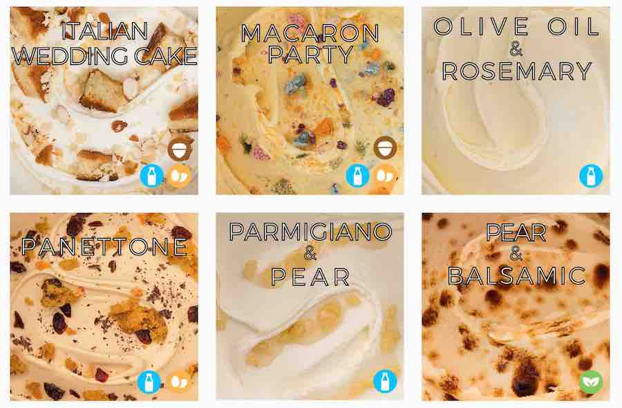 top view of six gluten-free ice cream flavors: Italian wedding cake, macaron party, olive oil & rosemary, panettone, parmagiano & pear, and pear & balsamic