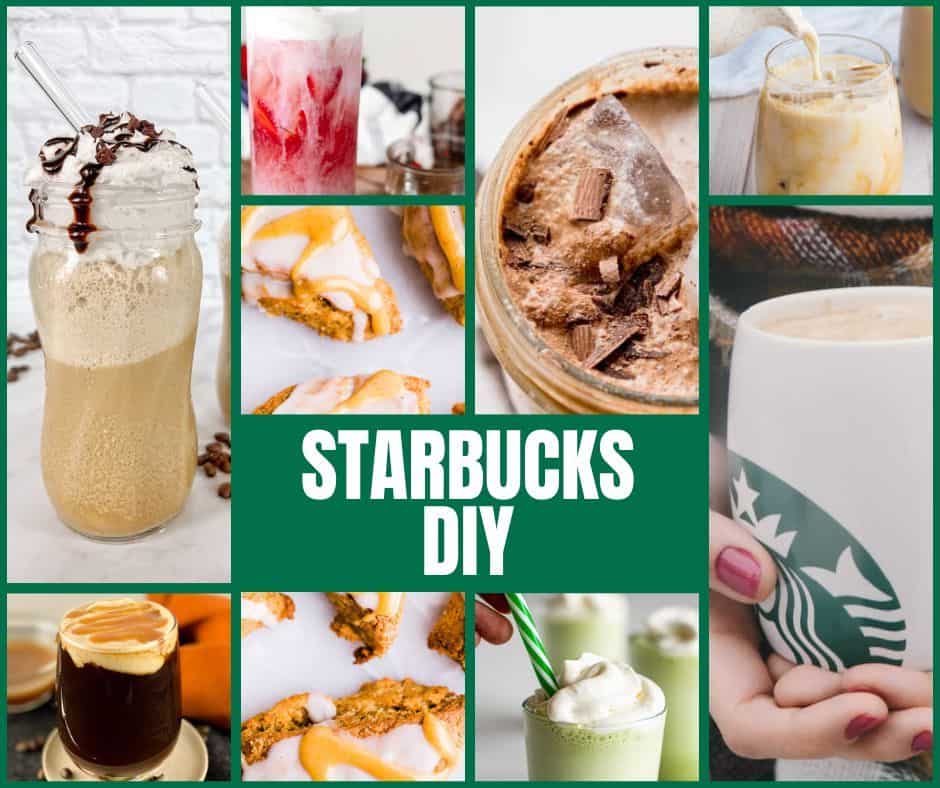 photo collage with Starbucks-color-green background, and white text in the lower middle "STARBUCKS DIY" - Photos, from upper left counter-clockwise: 2 Frappuccinos in tall glass jars, topped with whipped cream and chocolate drizzle; pink drink in a glass with visible layers of pink juice, creamy milk, and red strawberry slices, topped with vanilla cold foam; iced chocolate almond milk shaken espresso in a mason jar, with a metal straw and visible ice and chocolate; pitcher pouring milk into a glass of iced chai tea, showing the white milk and brown tea mixing together; woman's hands (scarf with fall colors in the background) with painted nails holding a white mug with green Starbucks logo; hand putting a green & white straw in a glass of matcha Frappuccino topped with whipped cream, two more frappe blurry in the background; pumpkin scones topped with white icing and caramel drizzle; and dark salted caramel cream cold brew in a glass, topped with foam and caramel drizzle