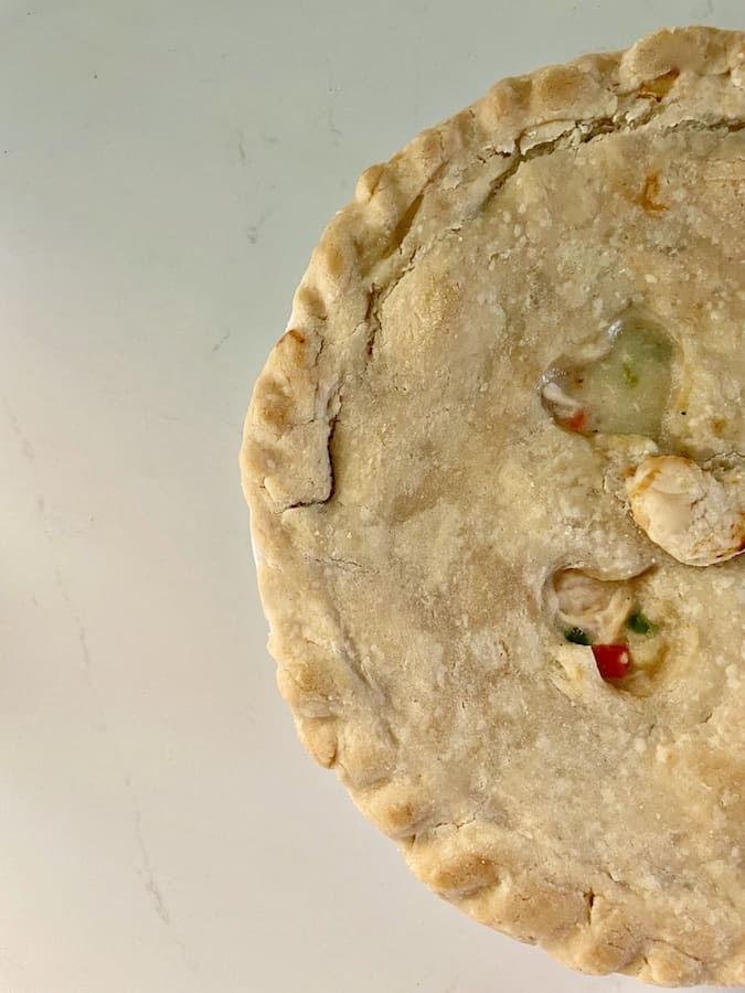 top view of half of a cooked gluten-free chicken pot pie