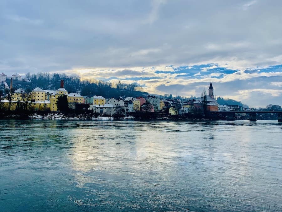 view of colorful houses in Germany from the Danube river