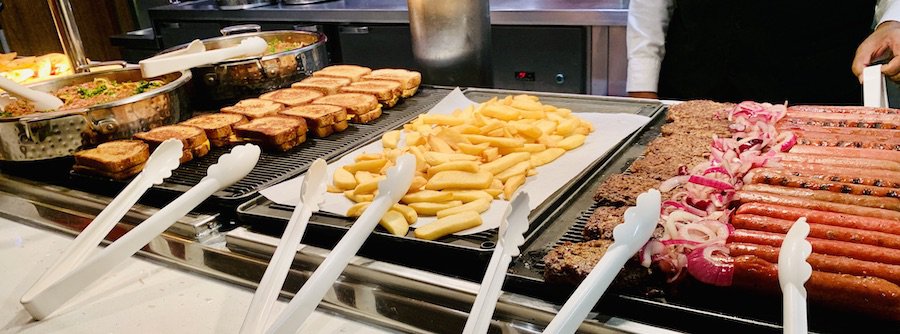 buffet with hot dogs, burgers, fries, grilled cheese and pasta