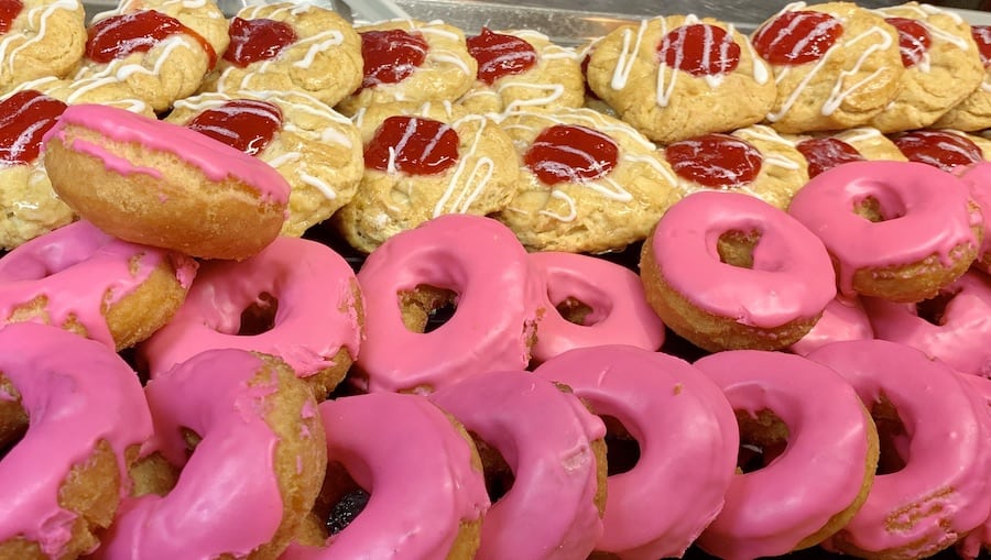 gluten-free raspberry danishes and pink frosted donuts