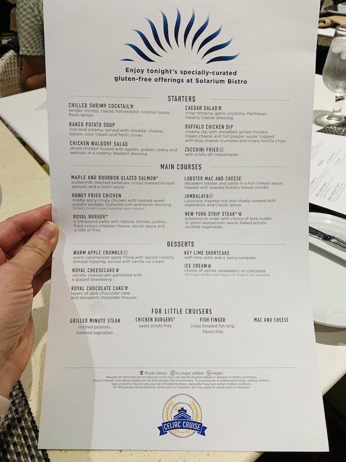 Celiac Cruise Menu, text on the top: Enjoy Tonight's Specially Curated Gluten-Free offerings at the Solarium Bistro. Categories include: starters, main courses, deserts and for little cruisers