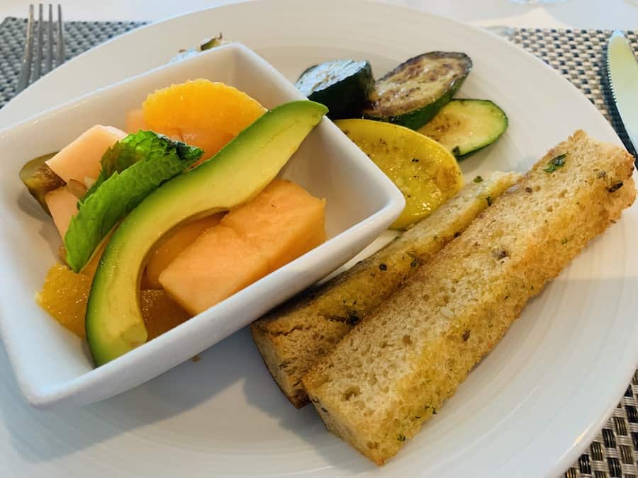 cantaloupe & avocado salad, grilled veggies, and gluten-free breadsticks
