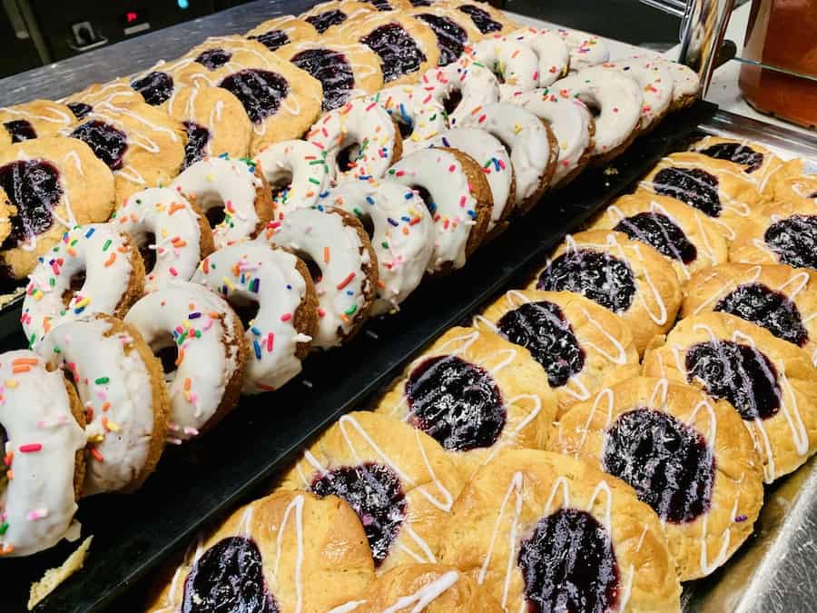 gluten-free sprinkled donuts and blueberry danishes