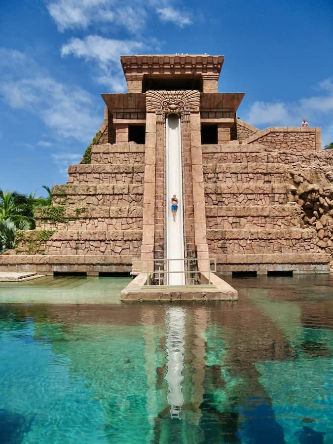 water slide at the Atlantis that looks like a Mayan temple