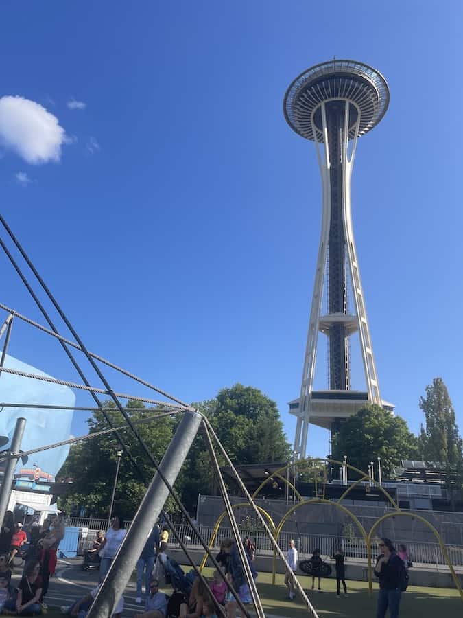 view of the Space Needle from the Seattle Central playground