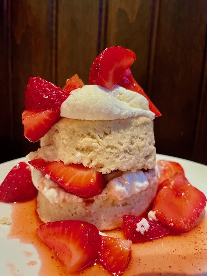 gluten-free strawberry shortcake: biscuit, layered with strawberries and whipped cream