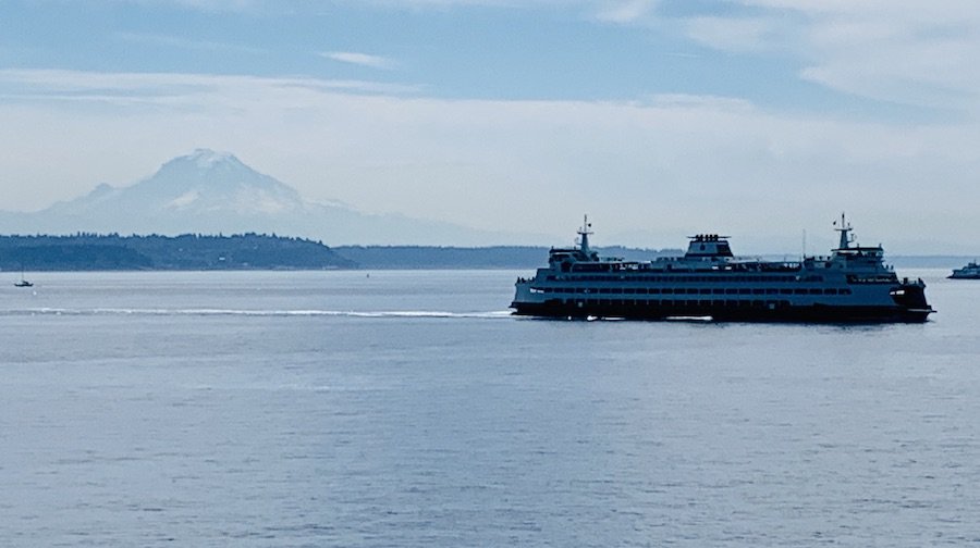 view of ferry and Mt. Ranier in the distance