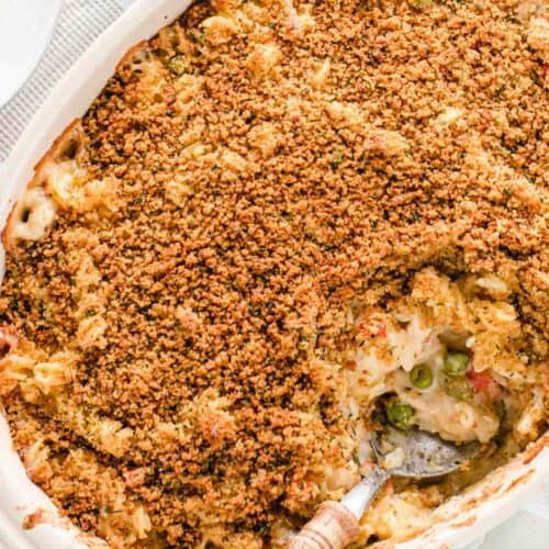 Gluten-Free chicken noodle casserole covered with bread crumbs, with a spoon resting in the white, oval casserole dish, and a little bit missing from the casserole.