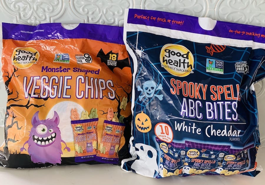 Bags of Monster Shaped Veggie Chips and Spooky ABC Bites