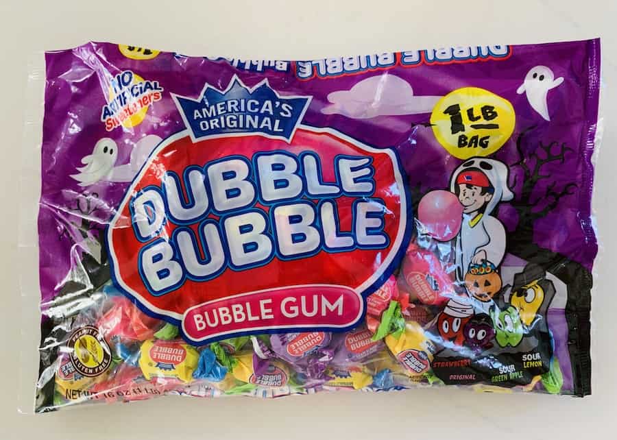 Bag of Double Bubble gum, individually wrapped in colorful wrappers.