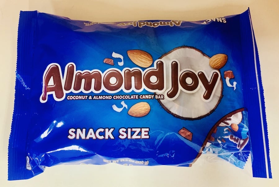 Blue bag of Almond Joy snack-size candy bars.