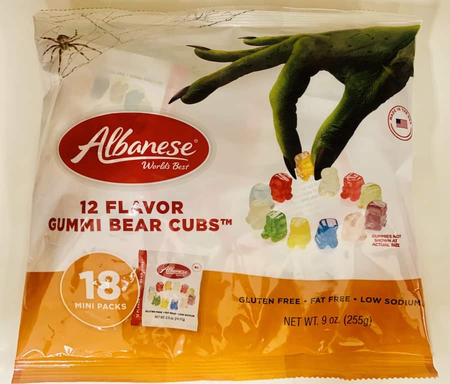 Bag of 18-snack-size-bags of Albanese gummi bears.