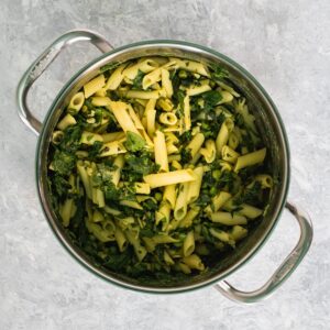 Birds eye view: Potomacs f penne pasta with spinach sauce.