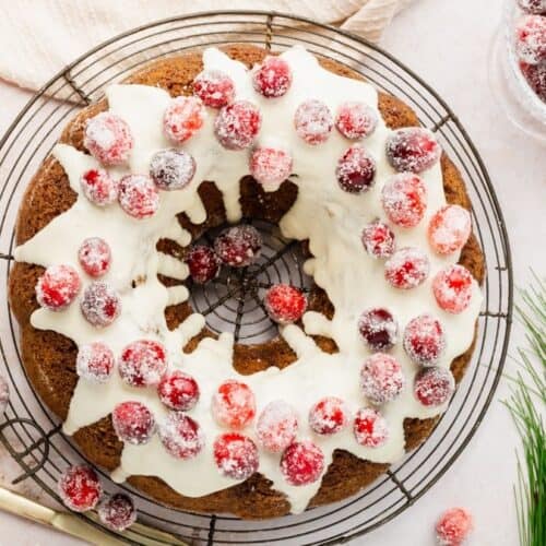 Bird's eye view: gingerbread bundt cake with white icing and sugared cranberries.