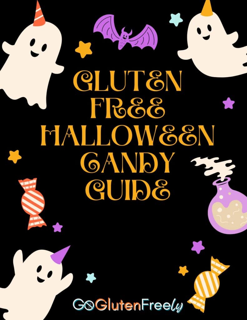 Candy corn background with black text in a transparent white box: "Gluten free Halloween Candy. goglutenfreely.com"