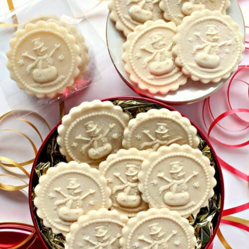 Bird's eye view: marzipan medallions with snowmen designs pressed into the face.