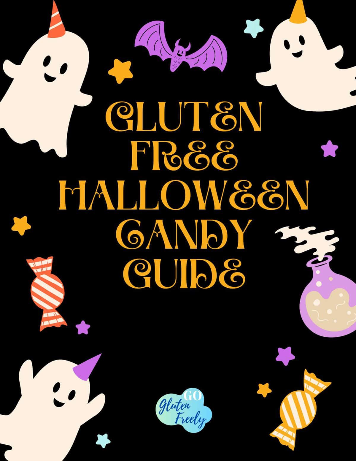 Candy corn background with black text in a transparent white box: "Gluten free Halloween Candy. goglutenfreely.com"