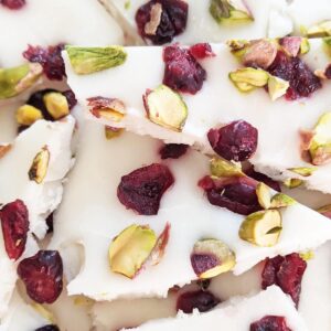 Bird's eye view: white yogurt bark with cranberries and pistachios.