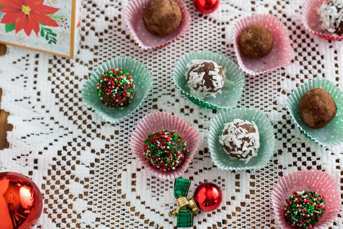 Cupcake liners holding chocolate truffles.
