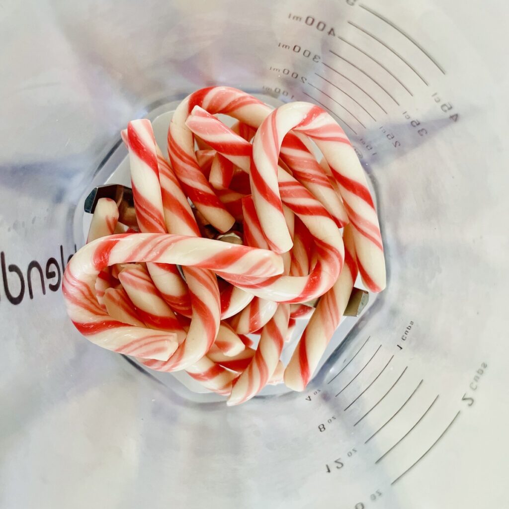 Birds eye view: mini candy canes in a blender.