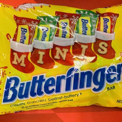 Bag of Christmas Mini Butterfingers in red and green wrappers.