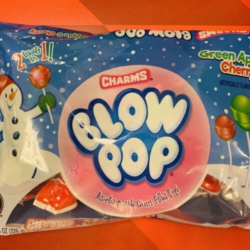 Bag of Christmas Blow Pops in Green Apple and Cherry Flavors, labeled gluten-free and peanut-free.
