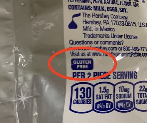 Words "gluten-free" circled in red on the back of a bag of Hershey's candies.