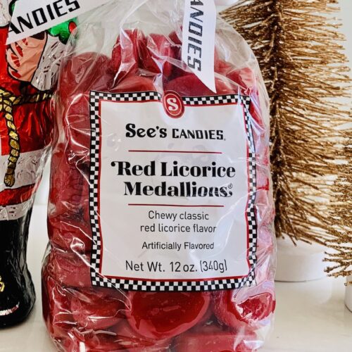 Bag of Gluten-Free See's Candies Red Licorice Medallions.