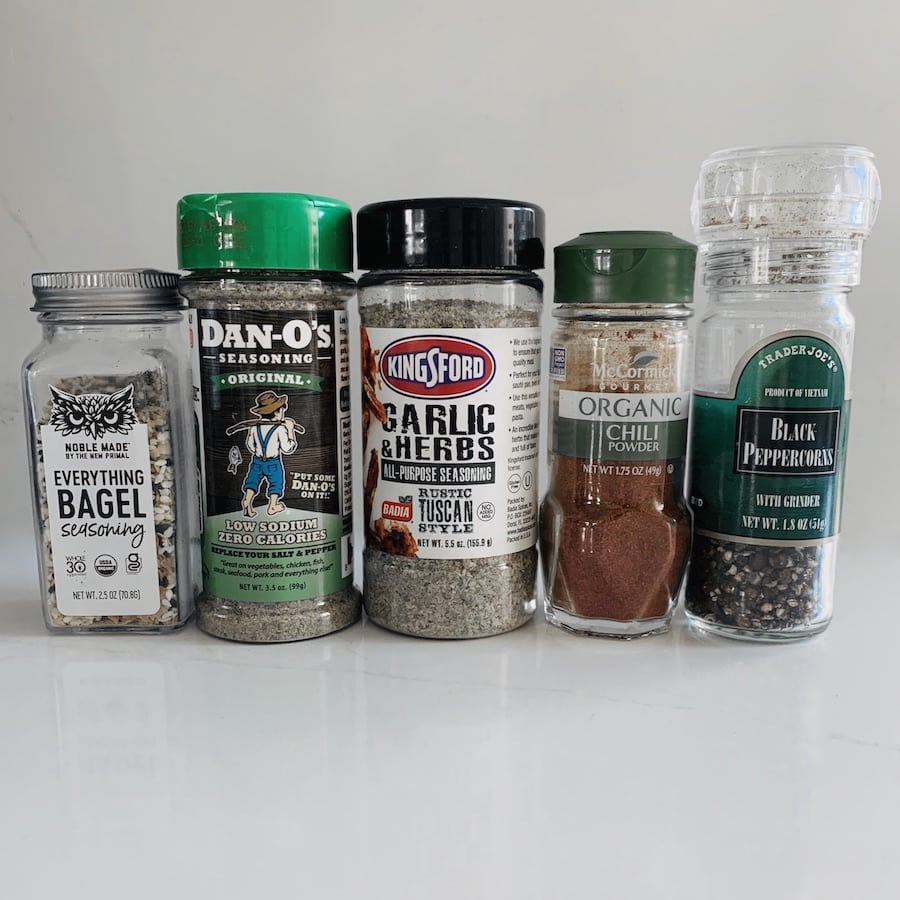 Spice Jars: Noble Made Everything Bagel, Dan O's, Kingsford Garlic & Herbs, McCormick Chili, and Trader Joe's Black Pepper