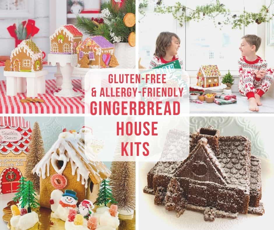 Translucent white text box with red text: Gluten-Free & Allergy-Friendly Gingerbread House Kits. Photos: 3 gingerbread houses on white cake stands, 2 kids laughing with a decorated gingerbread house between them, gingerbread house bundt cake covered with sprinkled powdered sugar, gluten-free decorated gingerbread house with its "Sensitive Sweets" box in the background.
