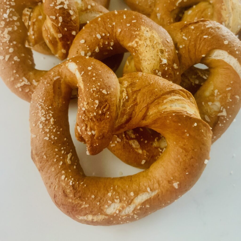 Gluten-free soft pretzels in heart shapes.