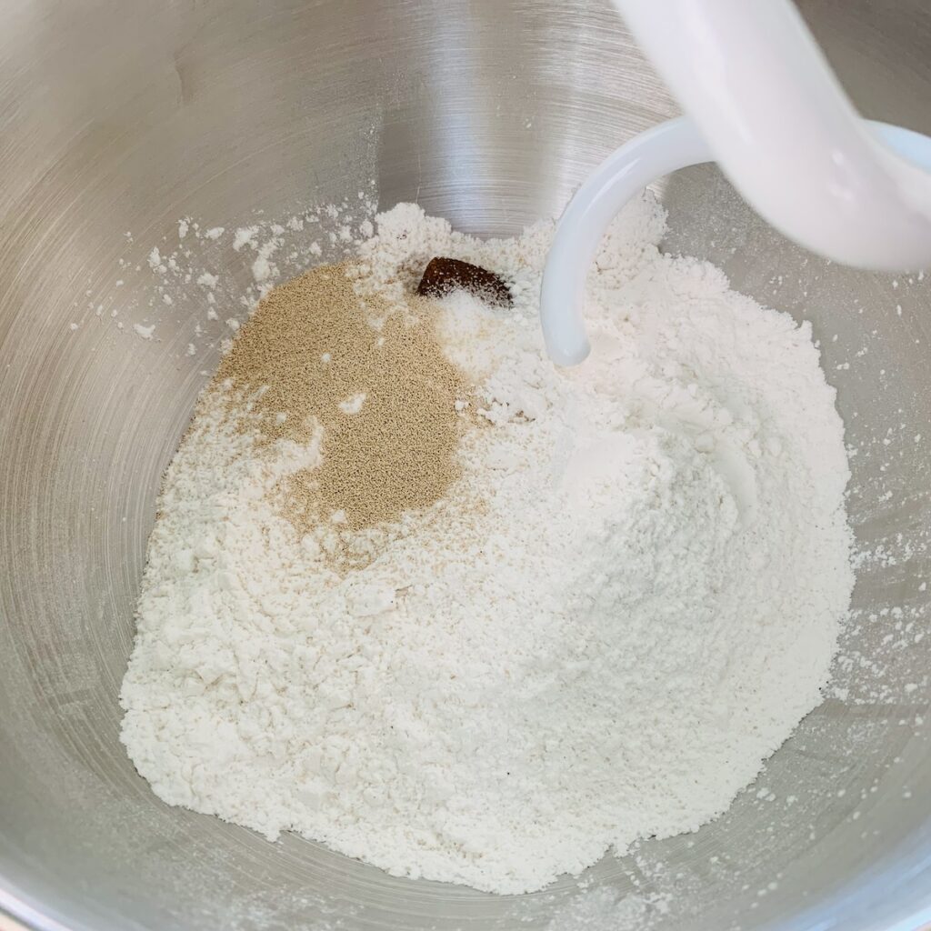 Bird's eye view: a mixing bowl with dry ingredients.