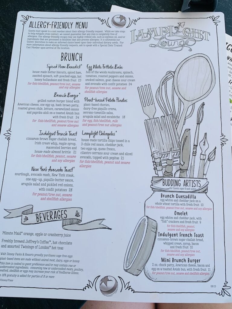Lamplight Lounge Allergy Brunch Menu with no gluten allergy-friendly items listed.