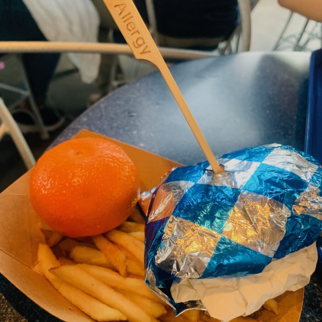 Wrapped burger with a wooden allergy pick, mandarin orange and fries.