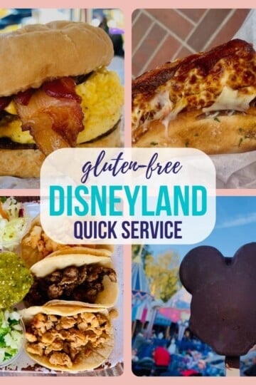 Collage with pink background and four photos: Mickey ice cream bar, birds Eye view of three taco plate (different fillings) toppings and rice and beans, Flop-over pizza is a puffy-looking pizza folded in half with lots of burnt cheese and pepperoni, and Breakfast sandwich on a gluten-free bun with visible eggs and bacon. Aqua/navy text with white text box: gluten free Disneyland quick service.