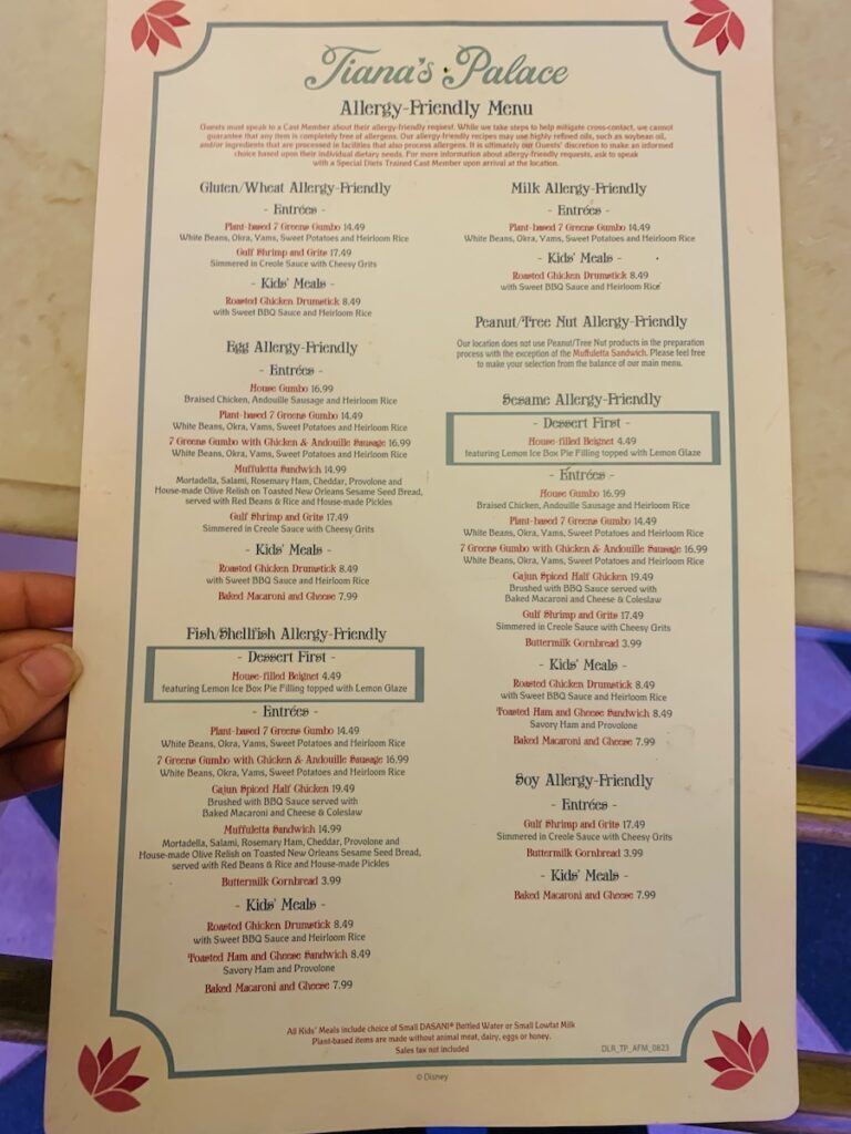 Allergy Menu for Tiana's Palace