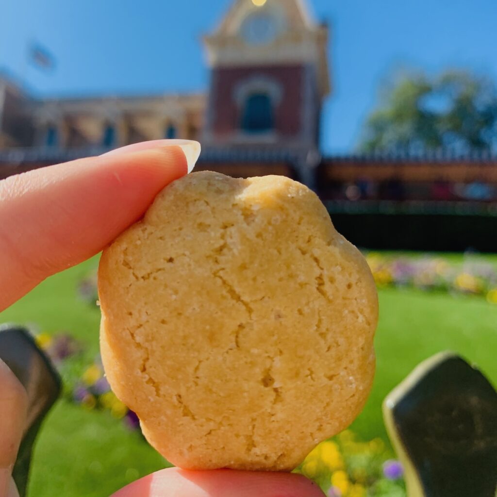 Flower shaped lemon cookie held between two fingers with Disneyland train station in the background.