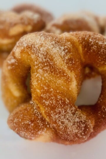 Gluten-Free Cinnamon Sugar Soft Pretzel with a couple of pretzels in the background.