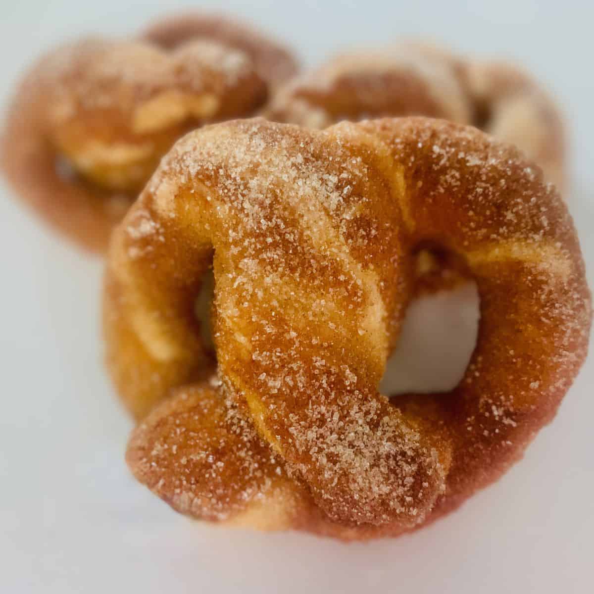 Gluten-Free Cinnamon Sugar Soft Pretzel with a couple of pretzels in the background.