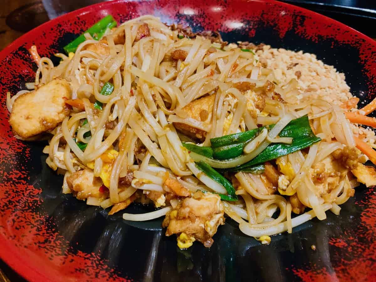 Red plate with gluten-free pad Thai with noodles, chicken, carrots, green onion, and peanuts